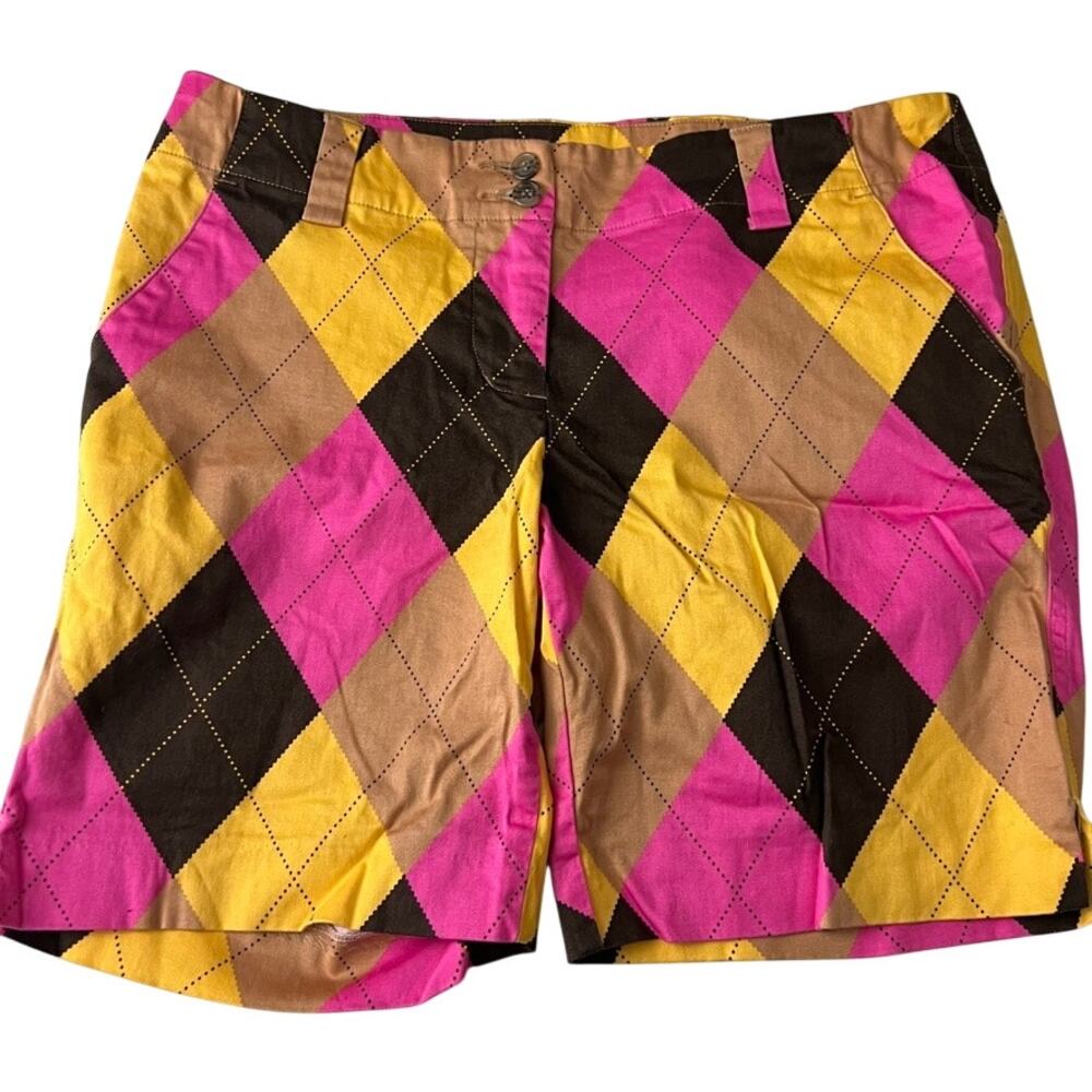 LoudMouth Golf Argyle Plaid Flat Front Shorts Pink Orange Brown Women Size 6